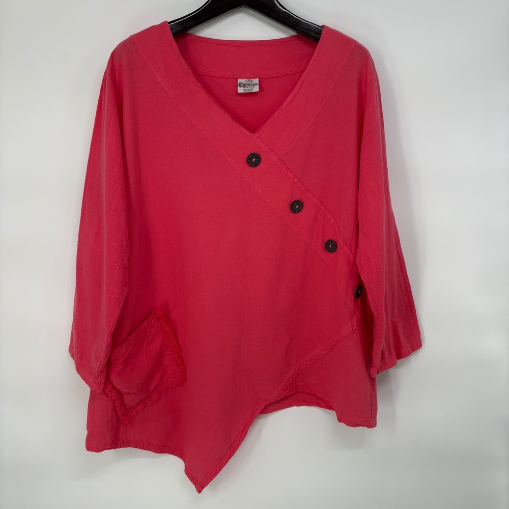 Cottonseed Womens Pink Asymmetrical Buttons Cotton Top Lagenlook Indie Artsy